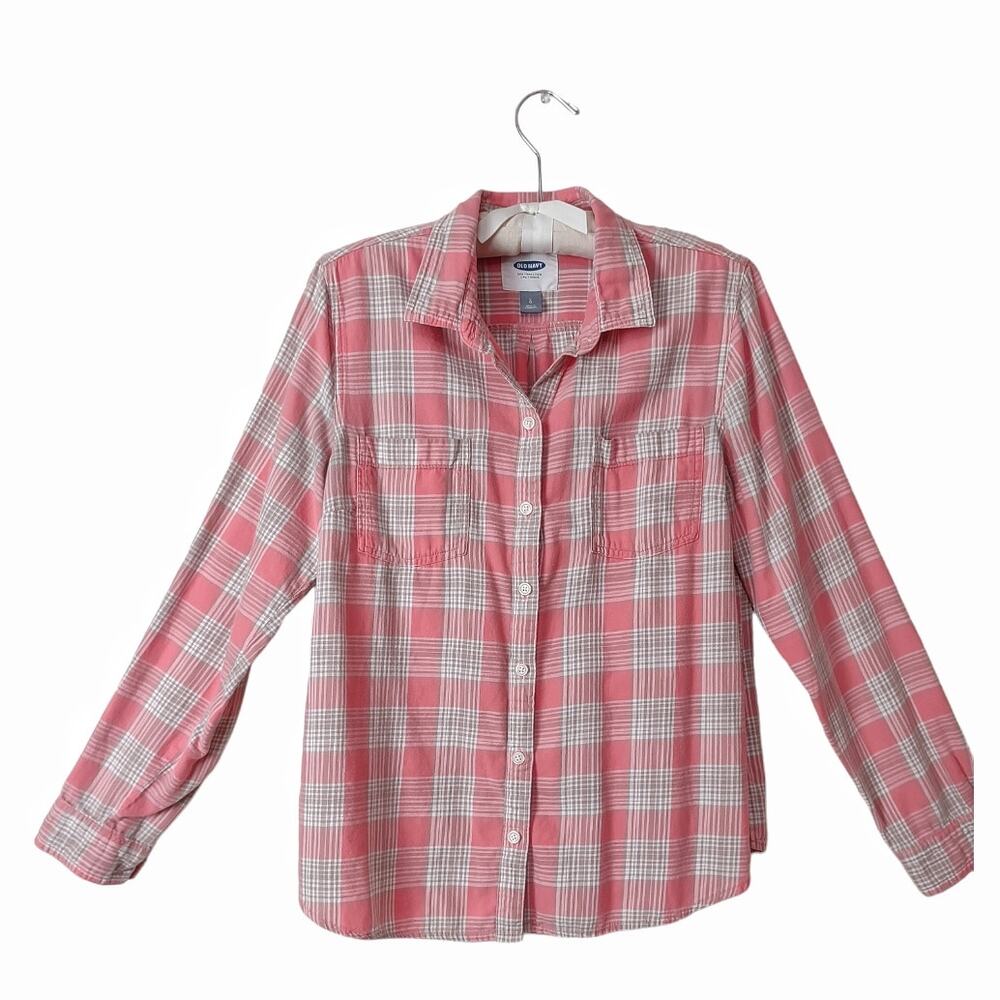 OLD NAVY Pink Plaid Cotton Button Down Shirt Size L Long Sleeve Cowgirl Coastal